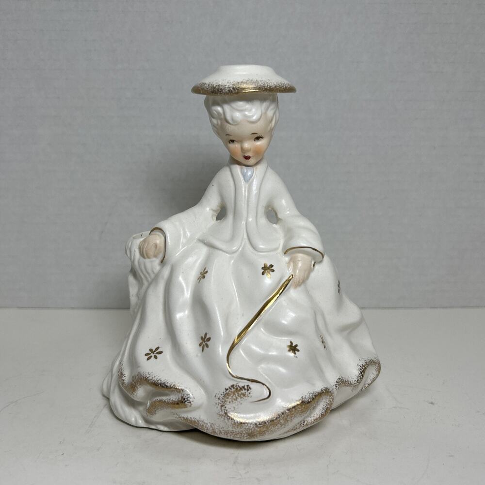 Vtg VELCO Lady In White + Gold Gown Ceramic Vase/ Planter #3184 6.75" Figurine